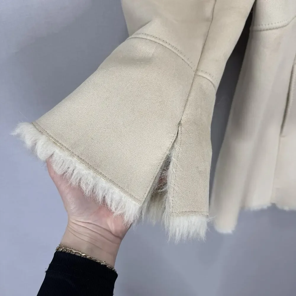 Vintage Mixit Faux Suede Penny Lane‎ Womens XL Beige Faux Fur Lined Y2K Jacket